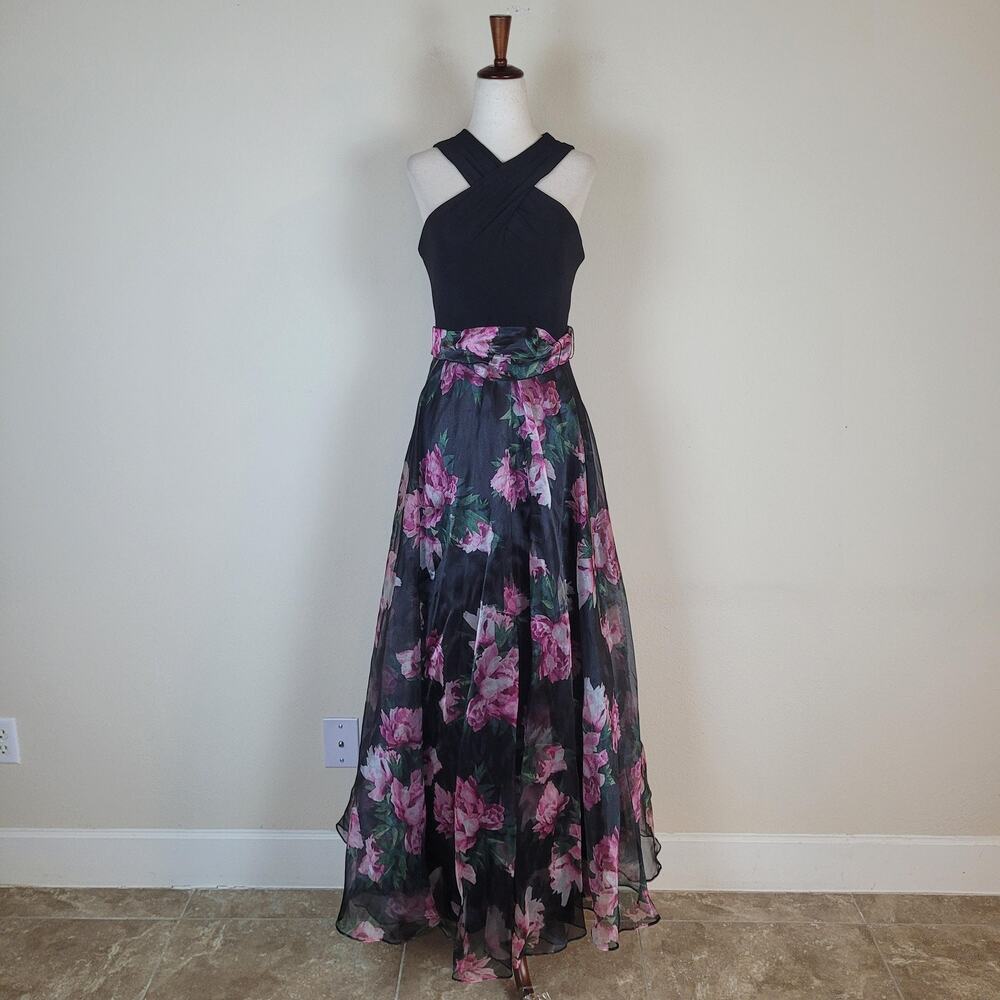 Eliza J Dress 6 Black Floral Organza Maxi Fit & Flare Gown Evening Wedding